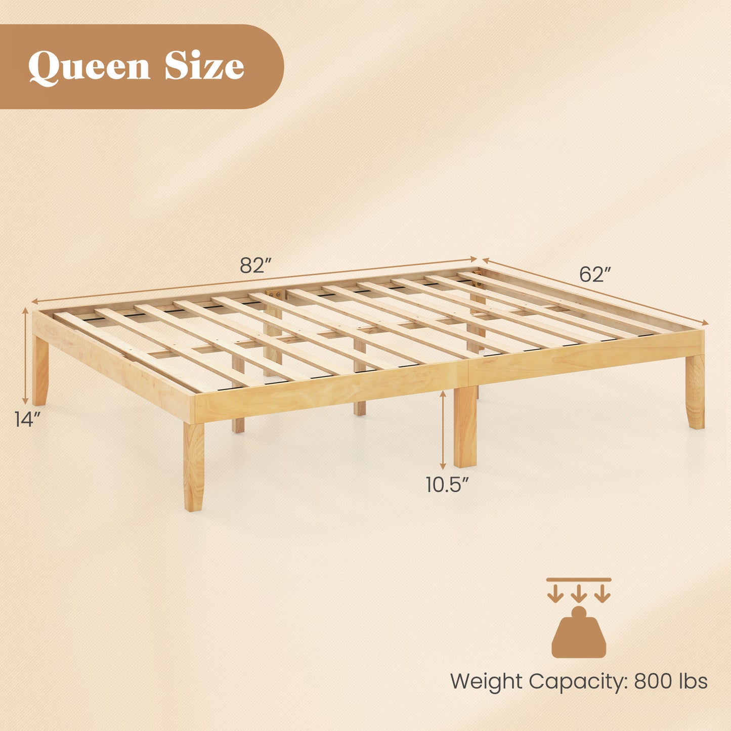 Minimalist Queen Size Wood Platform Bed Frame with Slat Support and 10.5" Underbed Clearance – Natural