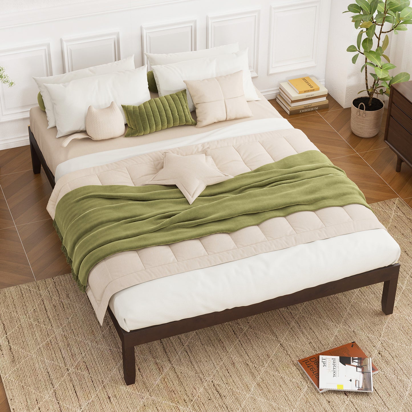 Minimalist Queen Size Wood Platform Bed Frame with Slat Support and 10.5" Underbed Clearance – Espresso
