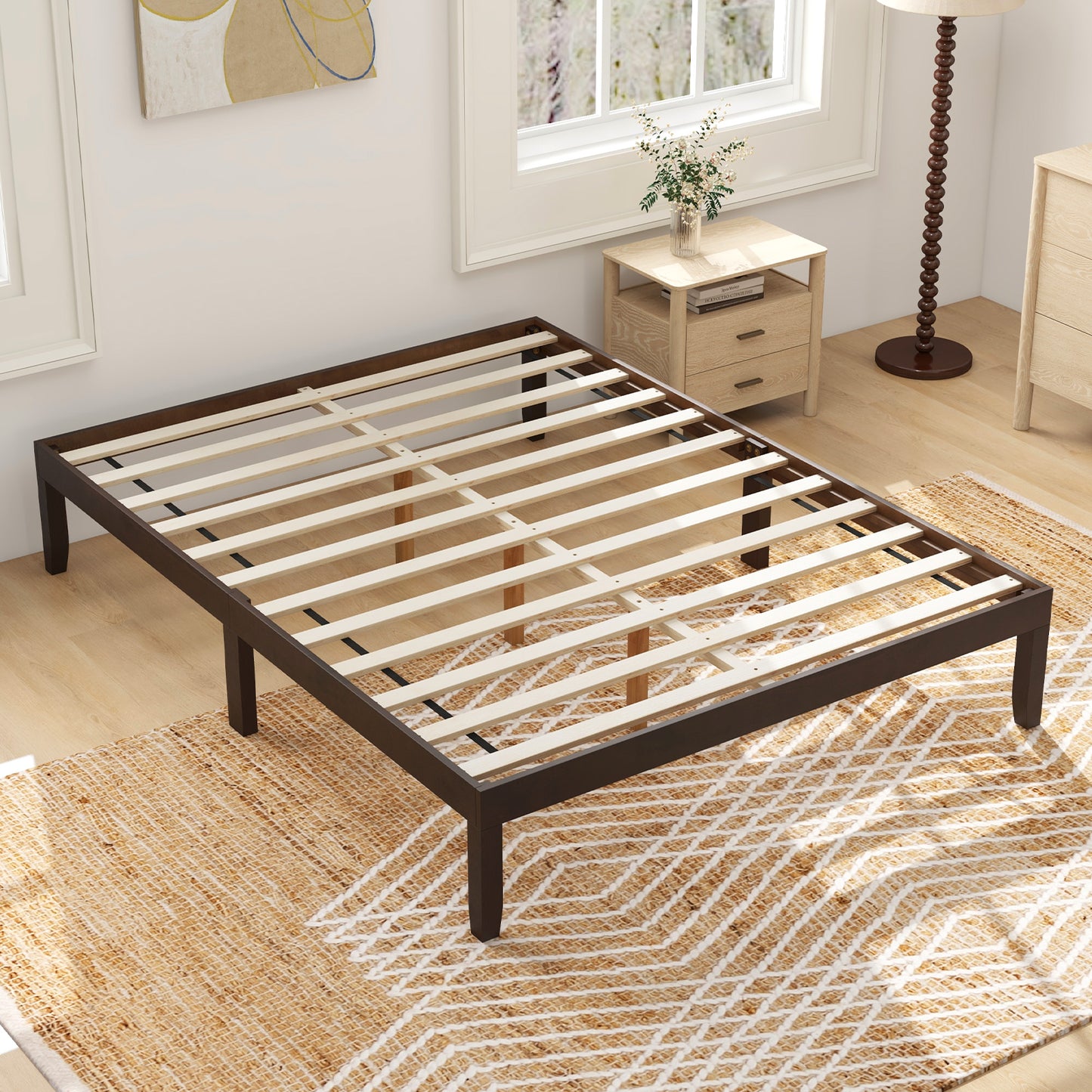 Minimalist Queen Size Wood Platform Bed Frame with Slat Support and 10.5" Underbed Clearance – Espresso