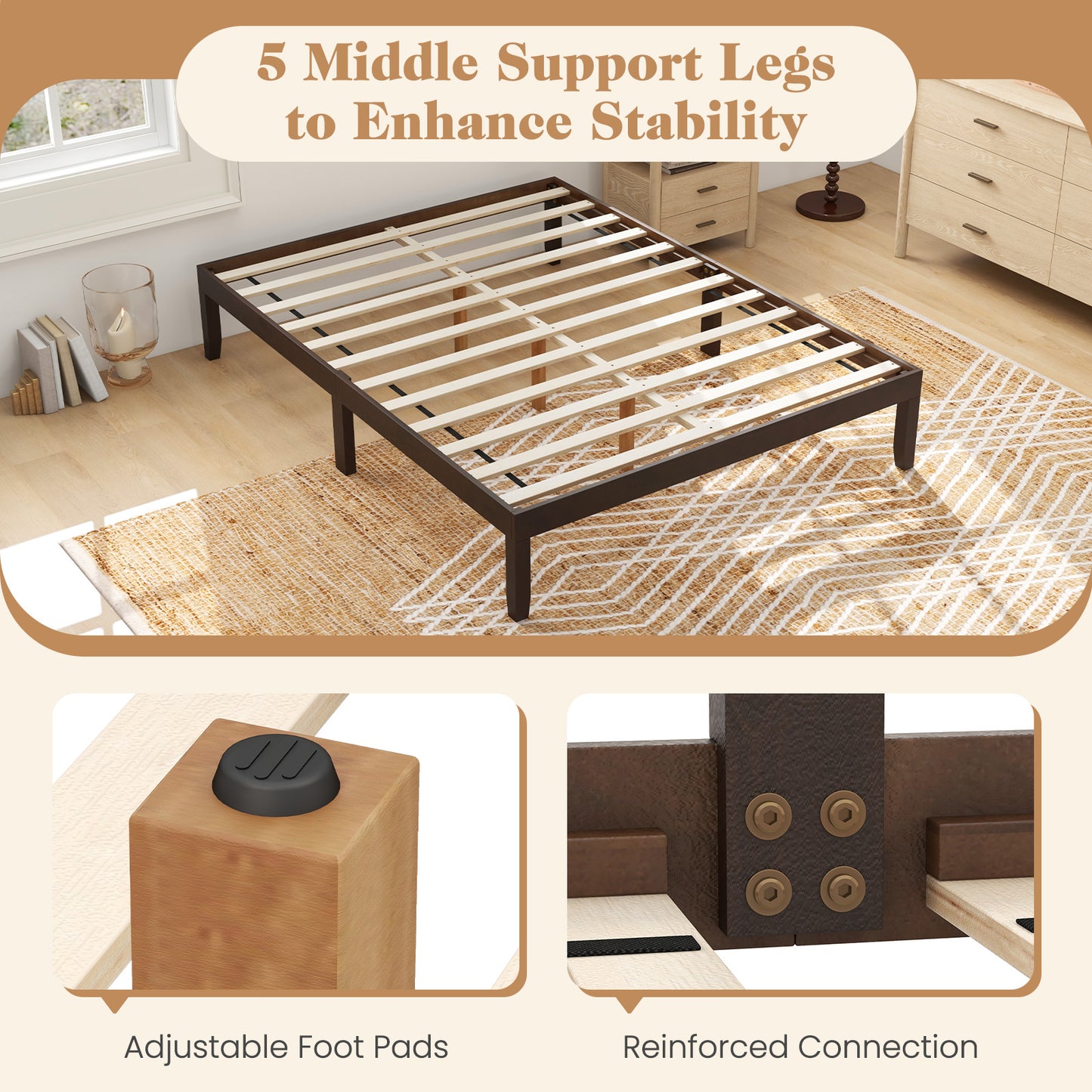 Minimalist Queen Size Wood Platform Bed Frame with Slat Support and 10.5" Underbed Clearance – Espresso