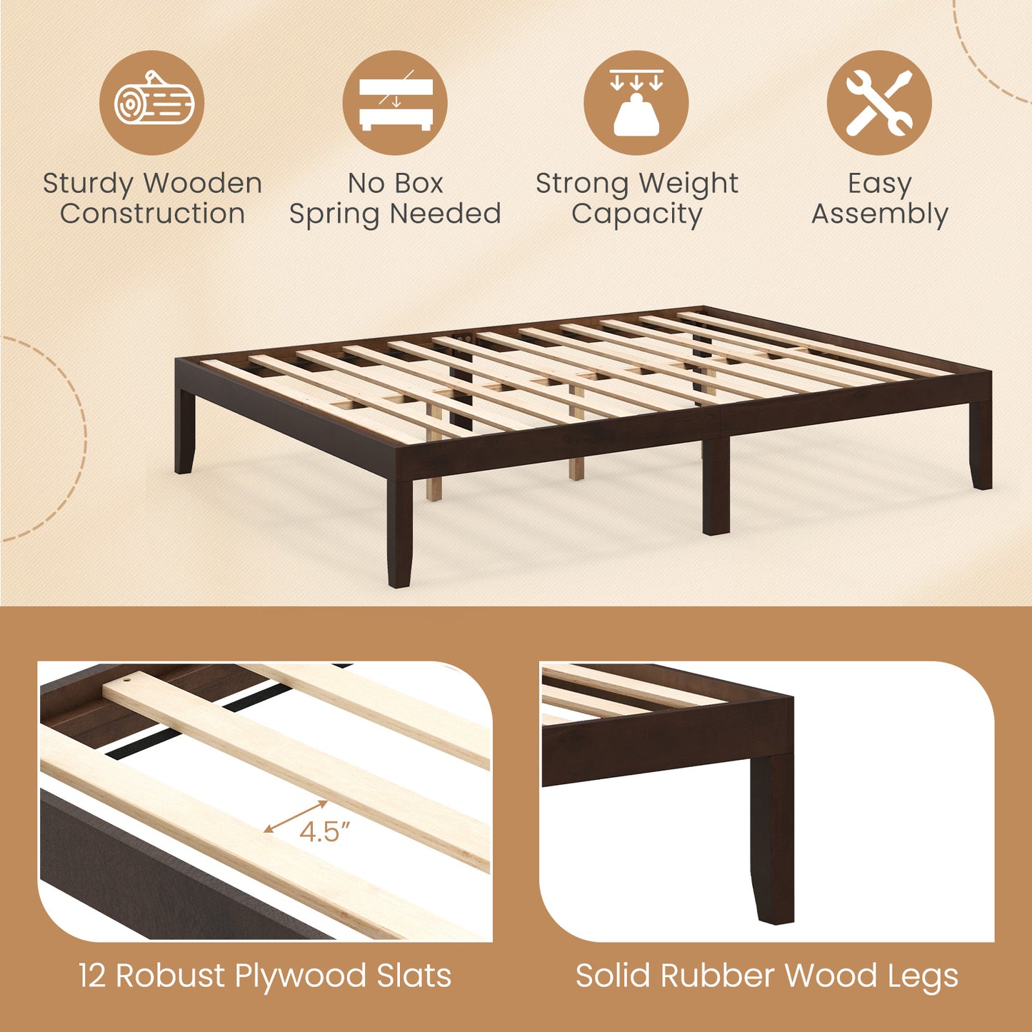 Minimalist Queen Size Wood Platform Bed Frame with Slat Support and 10.5" Underbed Clearance – Espresso