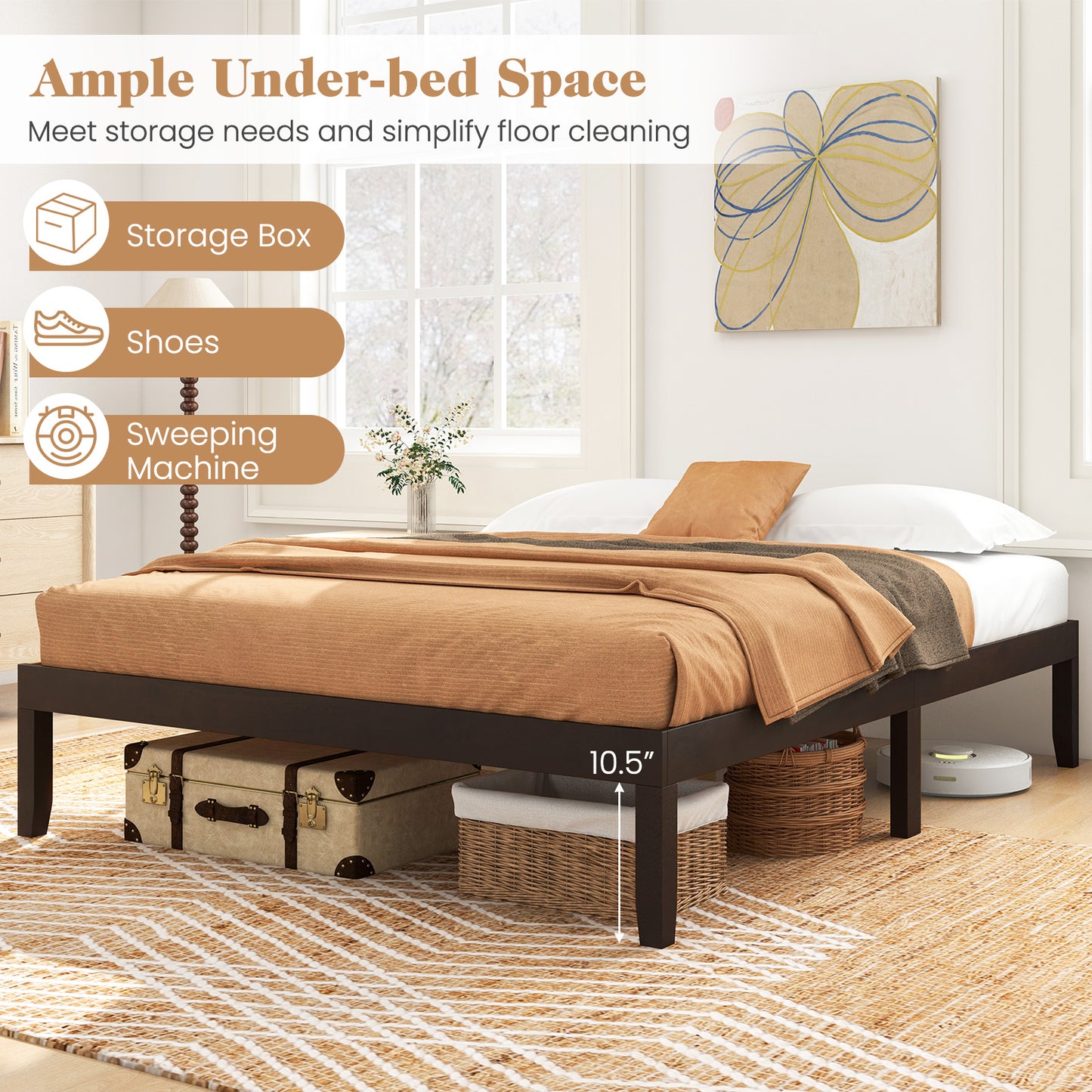 Minimalist Queen Size Wood Platform Bed Frame with Slat Support and 10.5" Underbed Clearance – Espresso