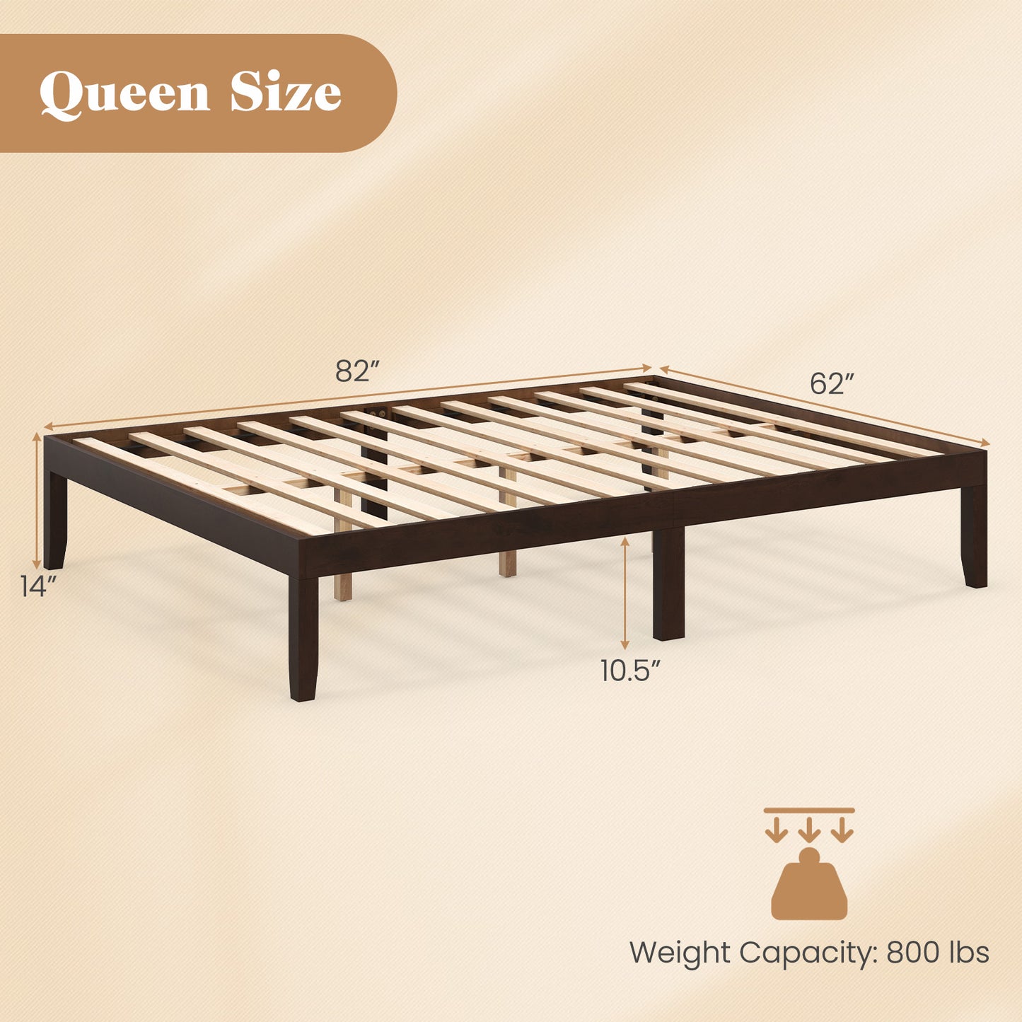 Minimalist Queen Size Wood Platform Bed Frame with Slat Support and 10.5" Underbed Clearance – Espresso