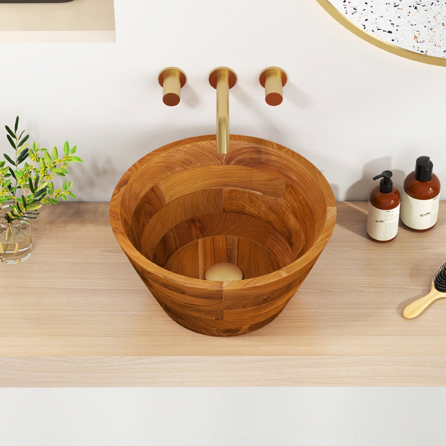 Elegant 16 Inch Teak Wood Washbasin with Drainage Hole and Polished Surface