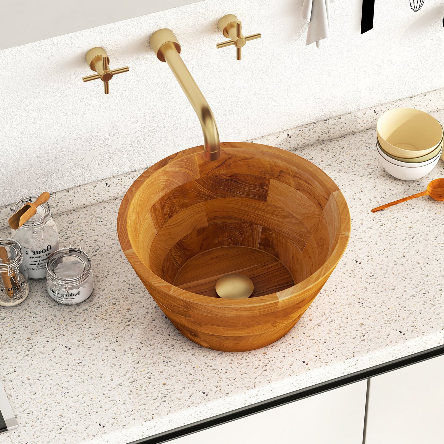 Elegant 16 Inch Teak Wood Washbasin with Drainage Hole and Polished Surface
