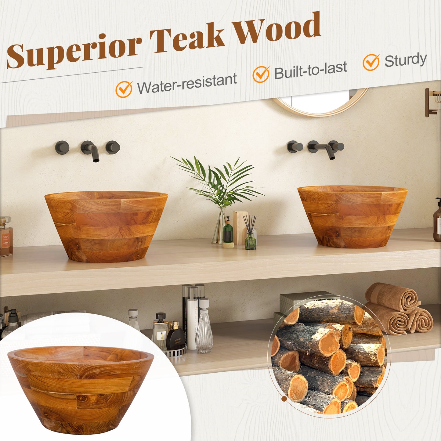 Elegant 16 Inch Teak Wood Washbasin with Drainage Hole and Polished Surface