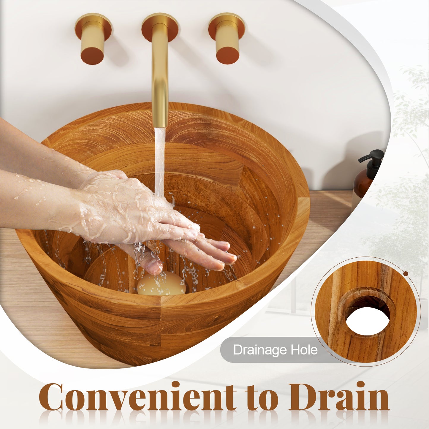 Elegant 16 Inch Teak Wood Washbasin with Drainage Hole and Polished Surface