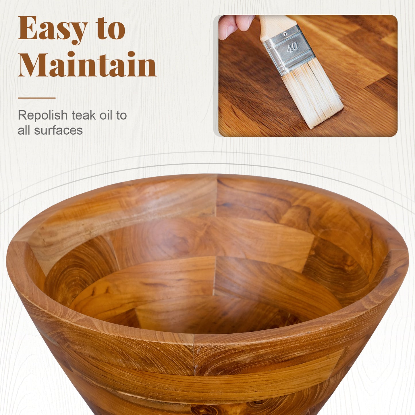 Elegant 16 Inch Teak Wood Washbasin with Drainage Hole and Polished Surface