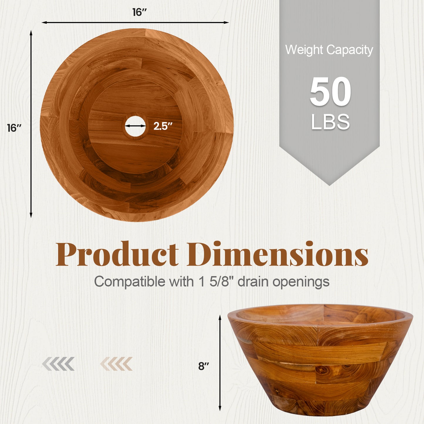 Elegant 16 Inch Teak Wood Washbasin with Drainage Hole and Polished Surface