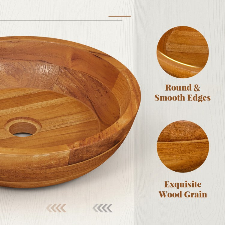 Elegant 16 Inch Teak Wood Round Washbasin with Drainage Hole & Smooth Edges