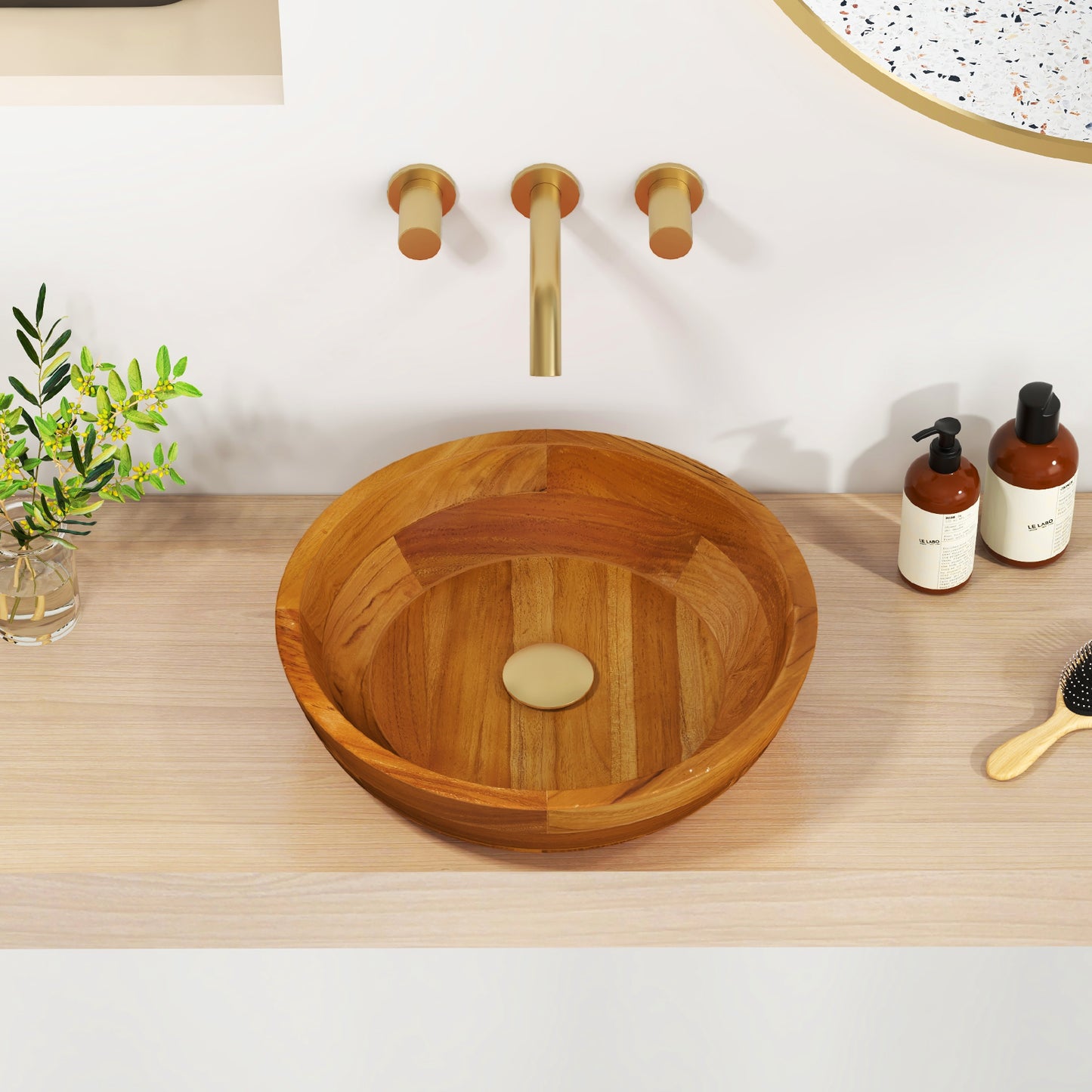 Elegant 16 Inch Teak Wood Round Washbasin with Drainage Hole & Smooth Edges