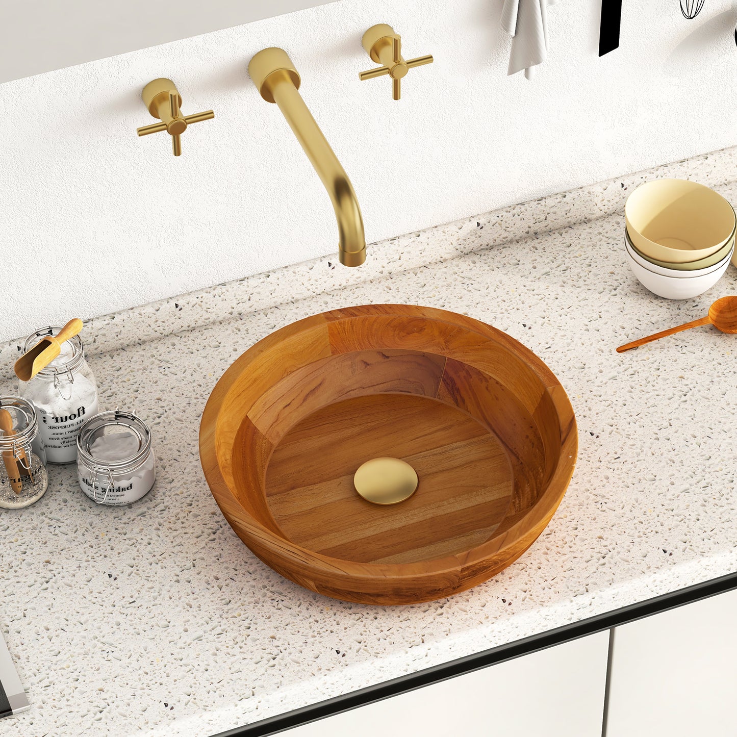 Elegant 16 Inch Teak Wood Round Washbasin with Drainage Hole & Smooth Edges