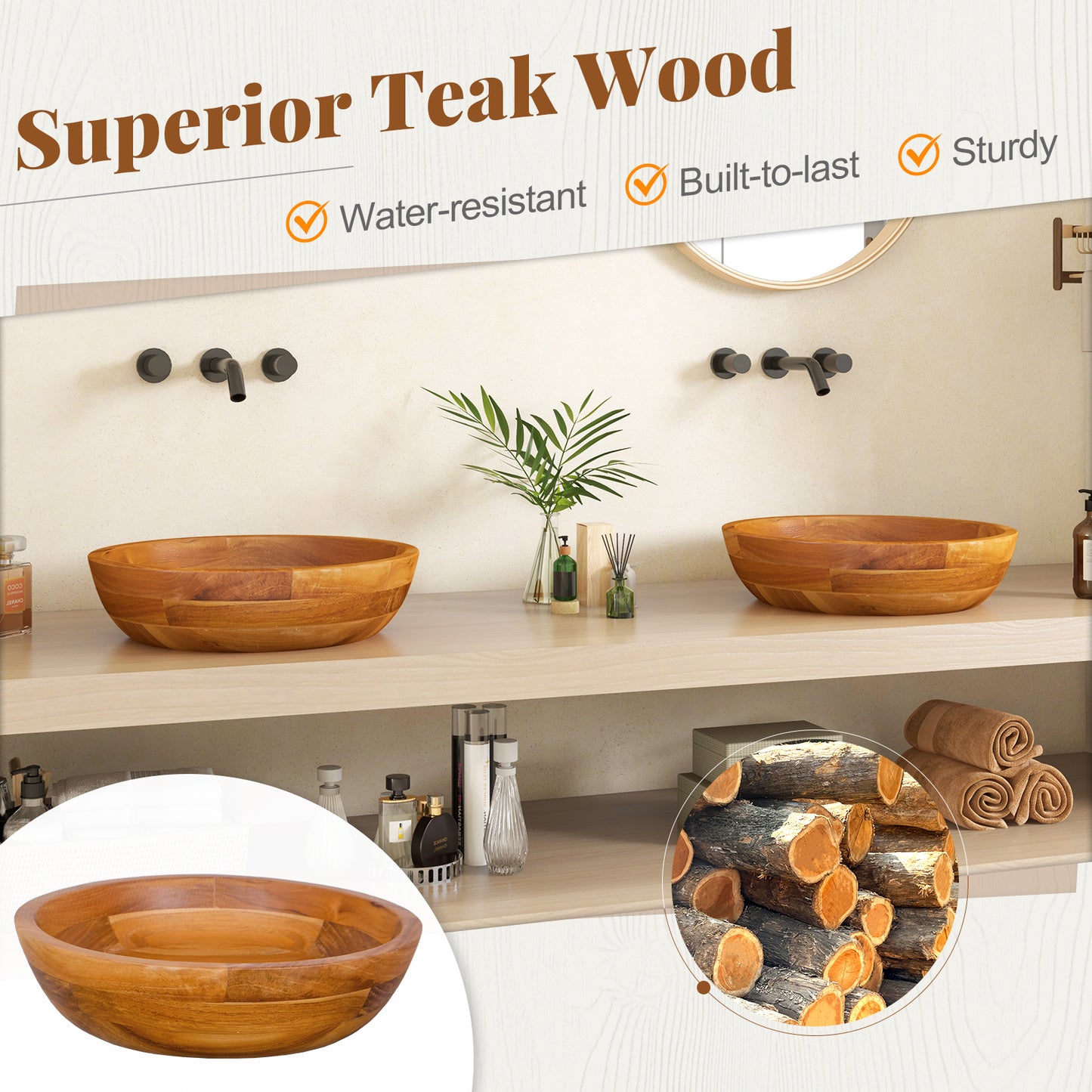 Elegant 16 Inch Teak Wood Round Washbasin with Drainage Hole & Smooth Edges