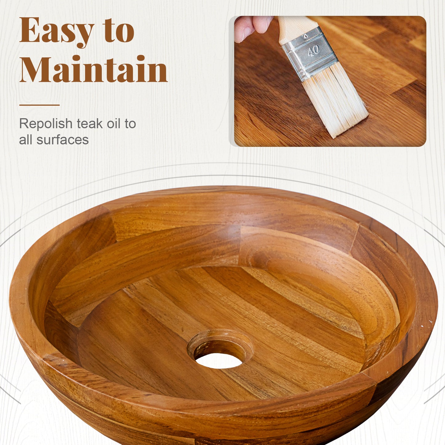 Elegant 16 Inch Teak Wood Round Washbasin with Drainage Hole & Smooth Edges