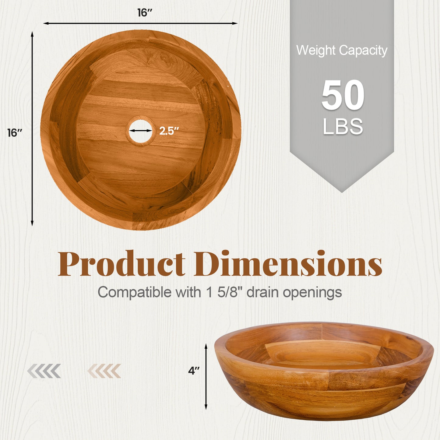Elegant 16 Inch Teak Wood Round Washbasin with Drainage Hole & Smooth Edges