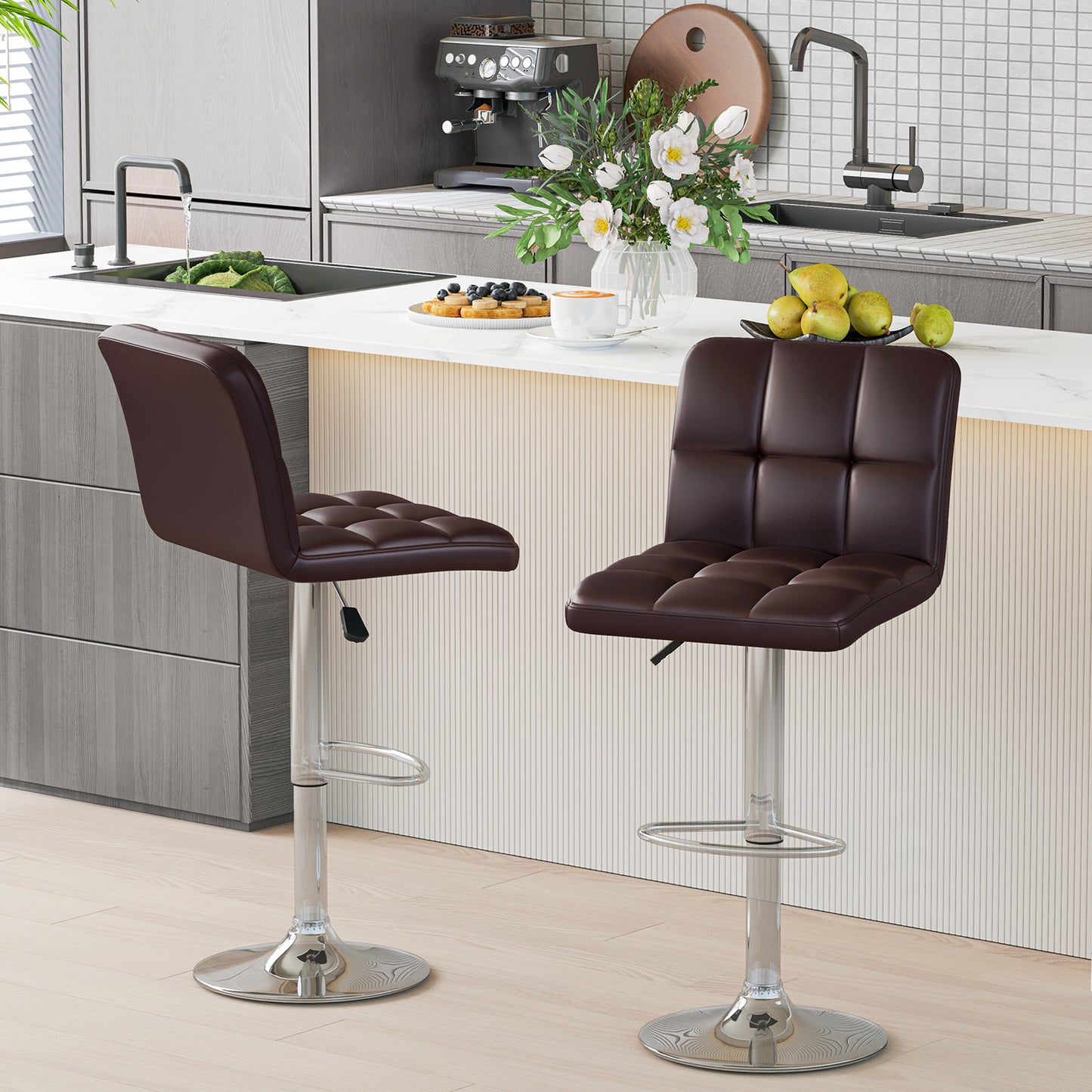 Contemporary Bar Stools Set of 2 with Backrest, Footrest, and Heavy-Duty Metal Base - Brown