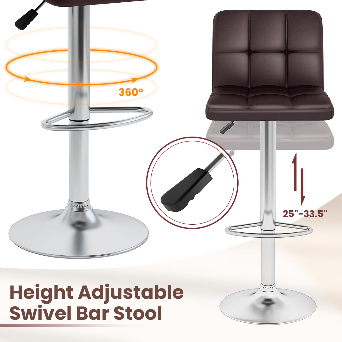 Contemporary Bar Stools Set of 2 with Backrest, Footrest, and Heavy-Duty Metal Base - Brown
