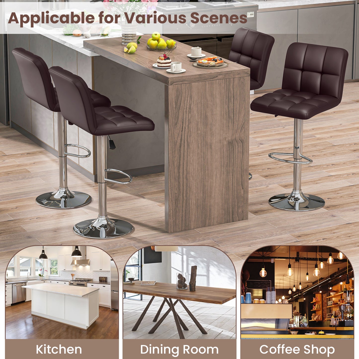 Contemporary Bar Stools Set of 2 with Backrest, Footrest, and Heavy-Duty Metal Base - Brown