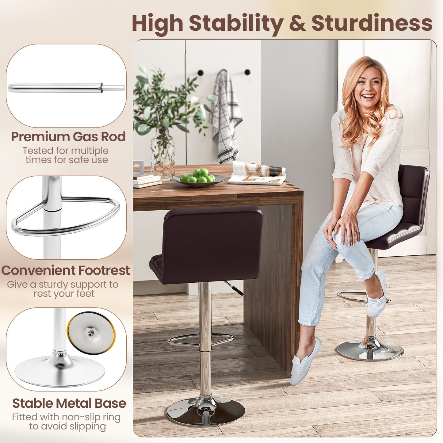 Contemporary Bar Stools Set of 2 with Backrest, Footrest, and Heavy-Duty Metal Base - Brown