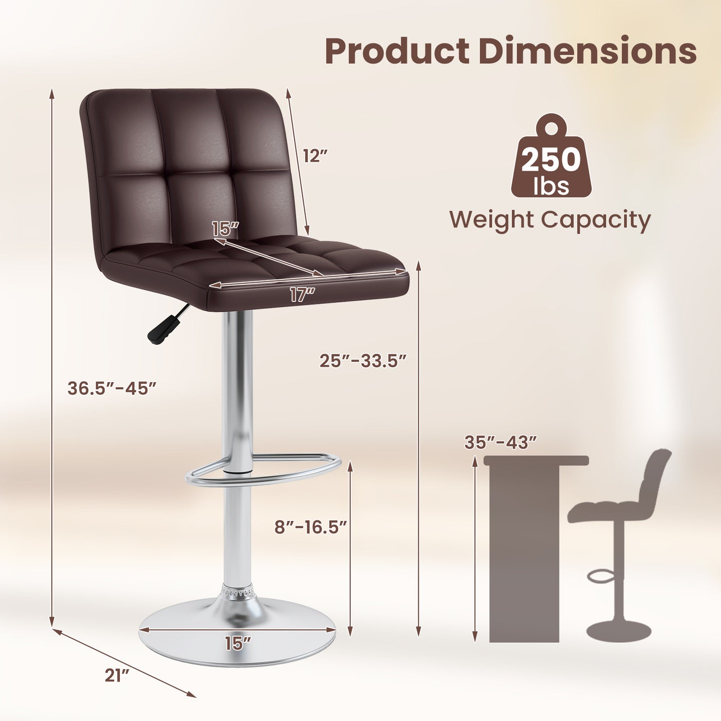 Contemporary Bar Stools Set of 2 with Backrest, Footrest, and Heavy-Duty Metal Base - Brown