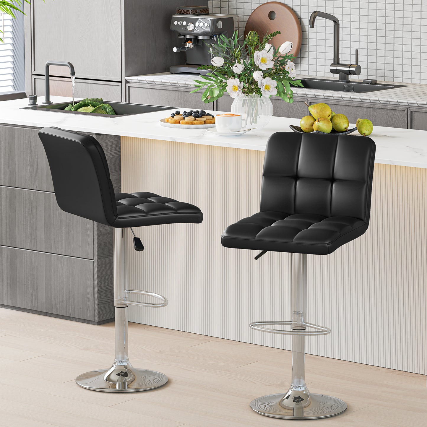Contemporary Bar Stools Set of 2 with Backrest, Footrest, and Heavy-Duty Metal Base - Black