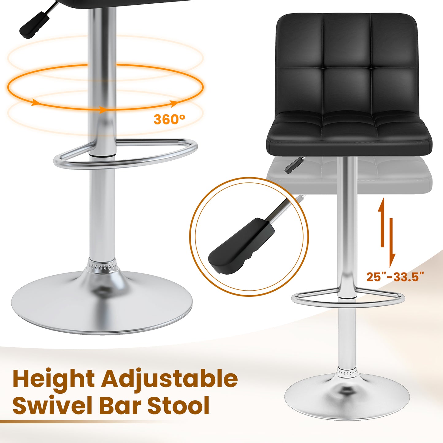 Contemporary Bar Stools Set of 2 with Backrest, Footrest, and Heavy-Duty Metal Base - Black