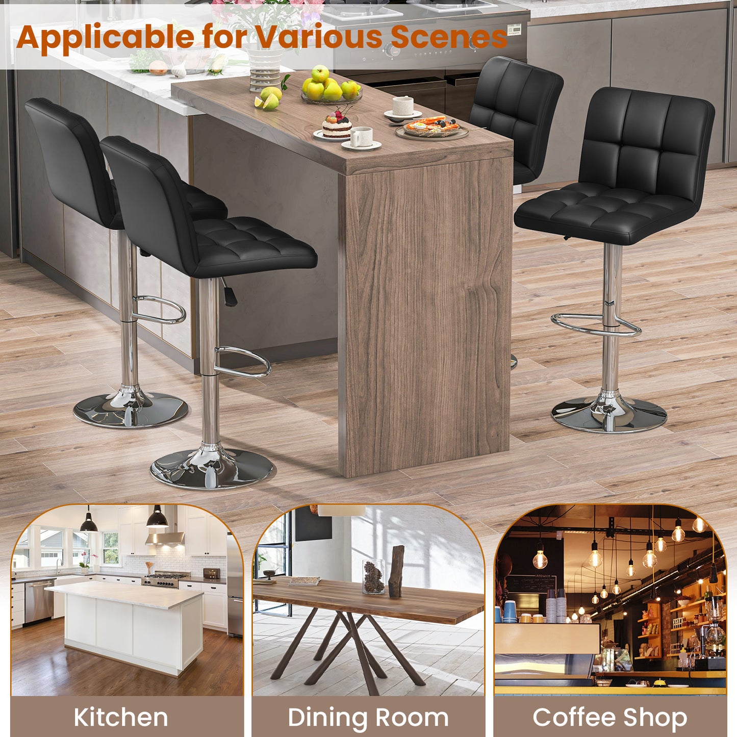 Contemporary Bar Stools Set of 2 with Backrest, Footrest, and Heavy-Duty Metal Base - Black