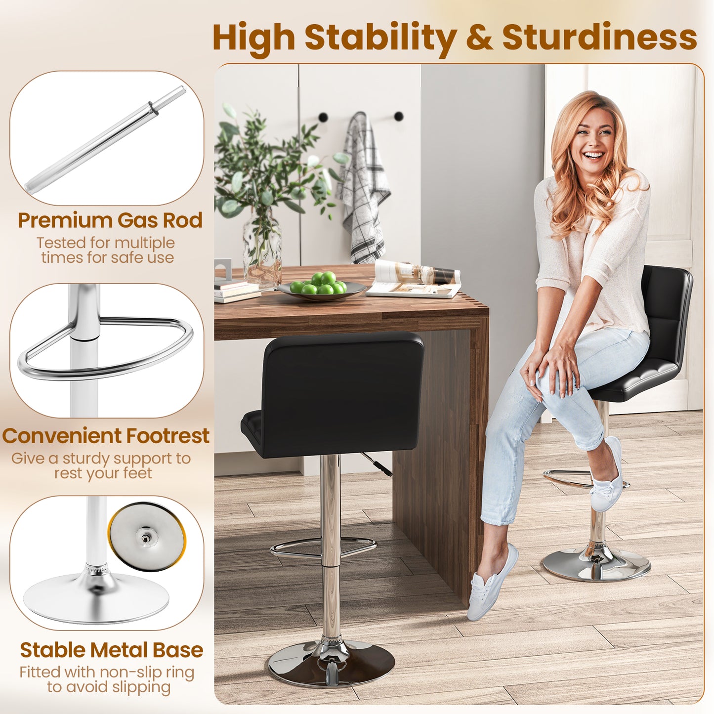Contemporary Bar Stools Set of 2 with Backrest, Footrest, and Heavy-Duty Metal Base - Black