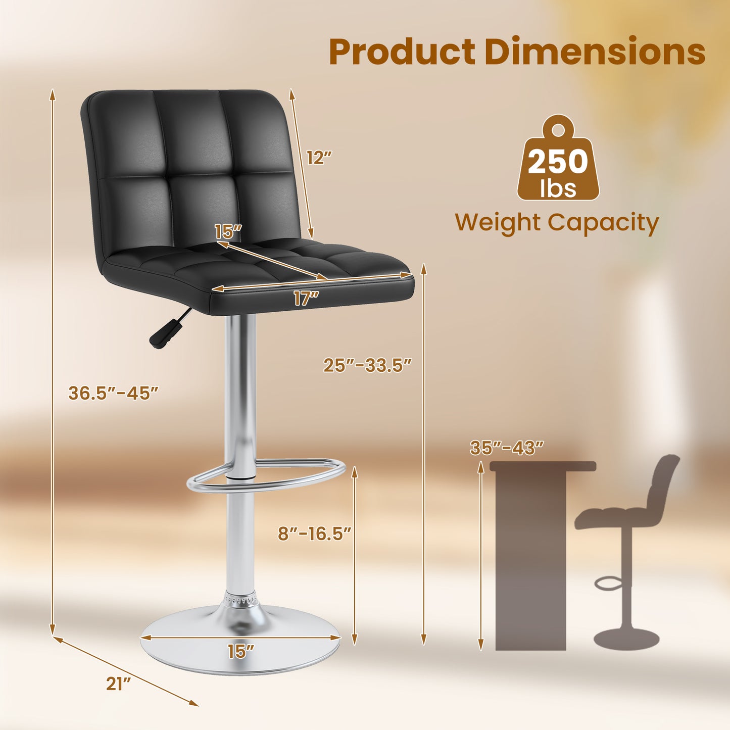 Contemporary Bar Stools Set of 2 with Backrest, Footrest, and Heavy-Duty Metal Base - Black