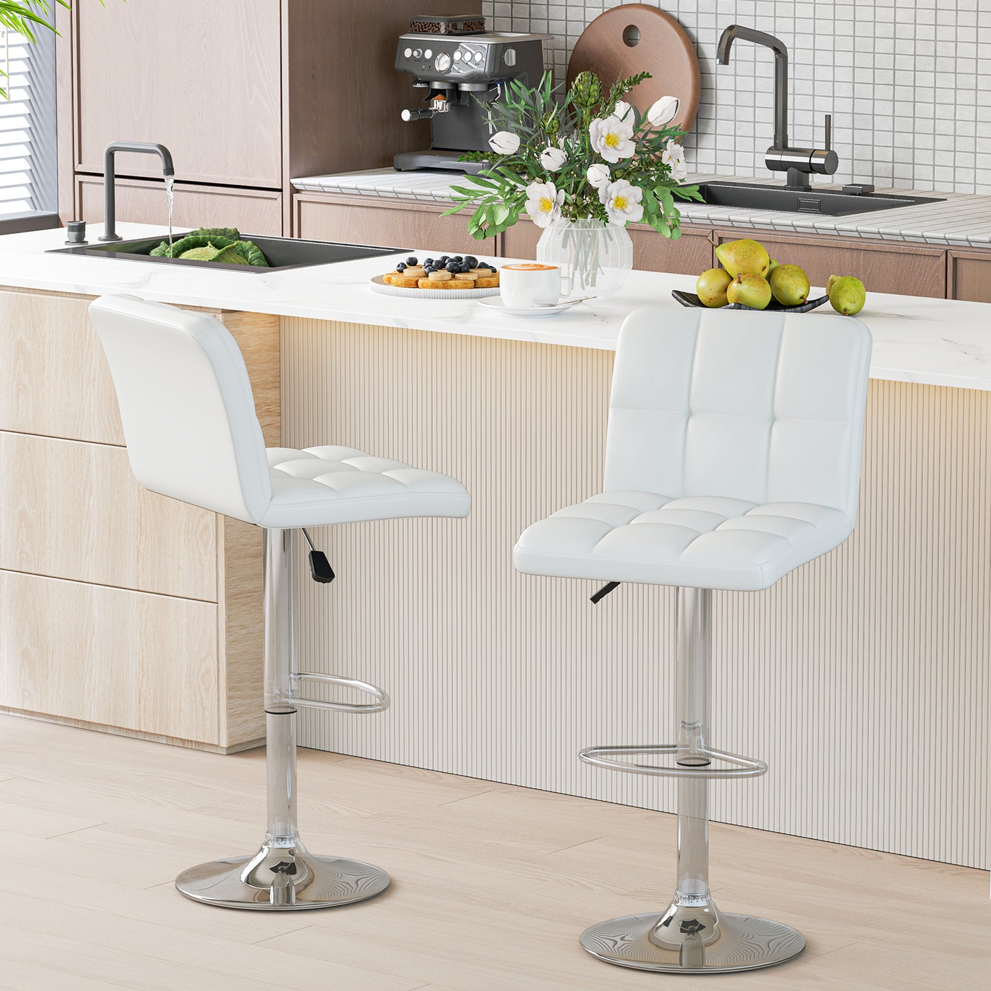 Contemporary Bar Stools Set of 2 with Backrest, Footrest, and Heavy-Duty Metal Base - White