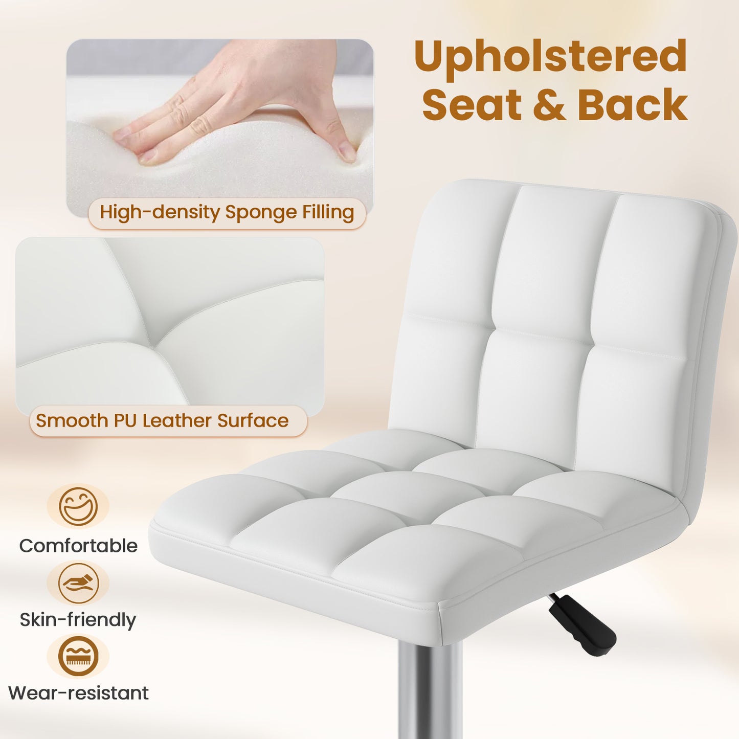 Contemporary Bar Stools Set of 2 with Backrest, Footrest, and Heavy-Duty Metal Base - White