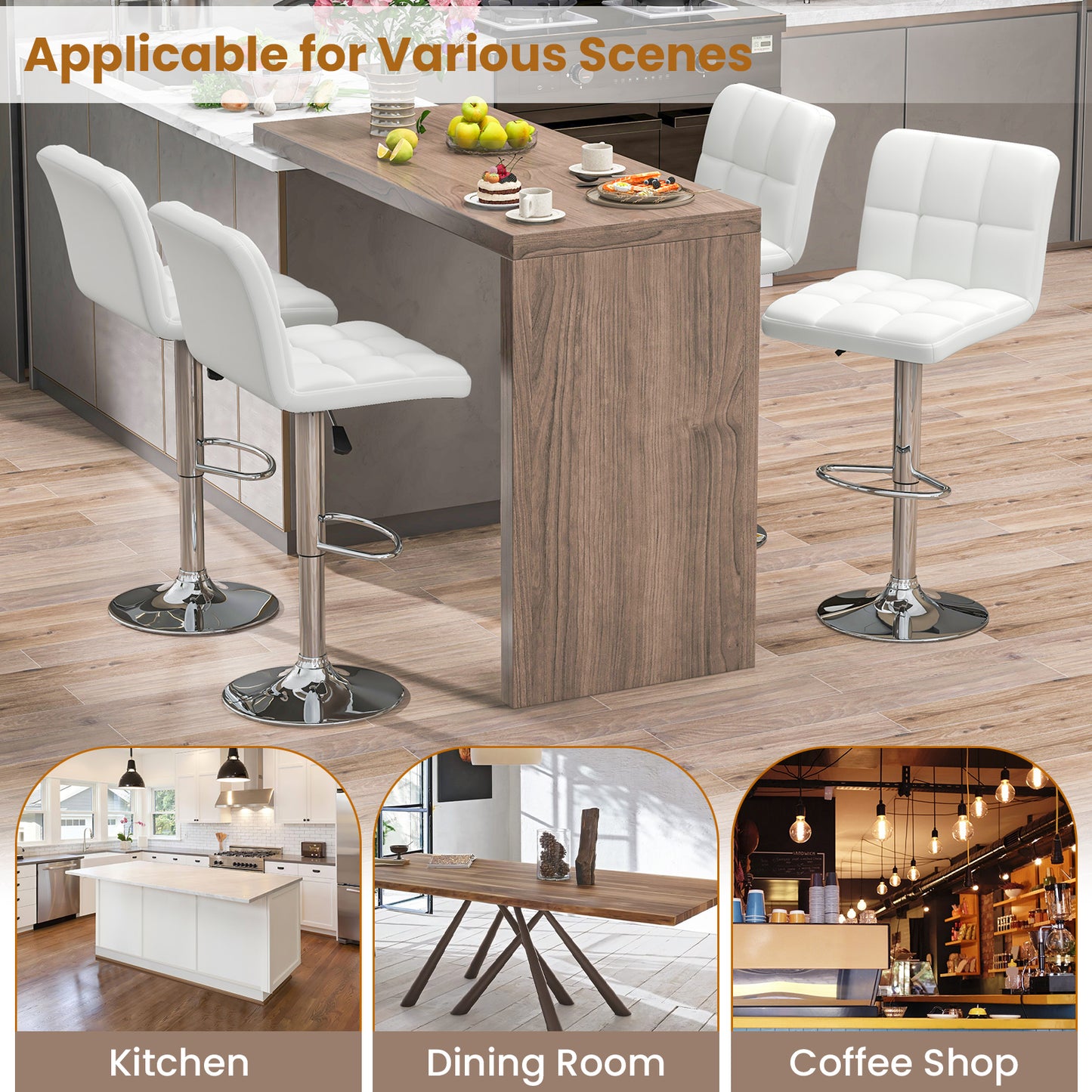 Contemporary Bar Stools Set of 2 with Backrest, Footrest, and Heavy-Duty Metal Base - White