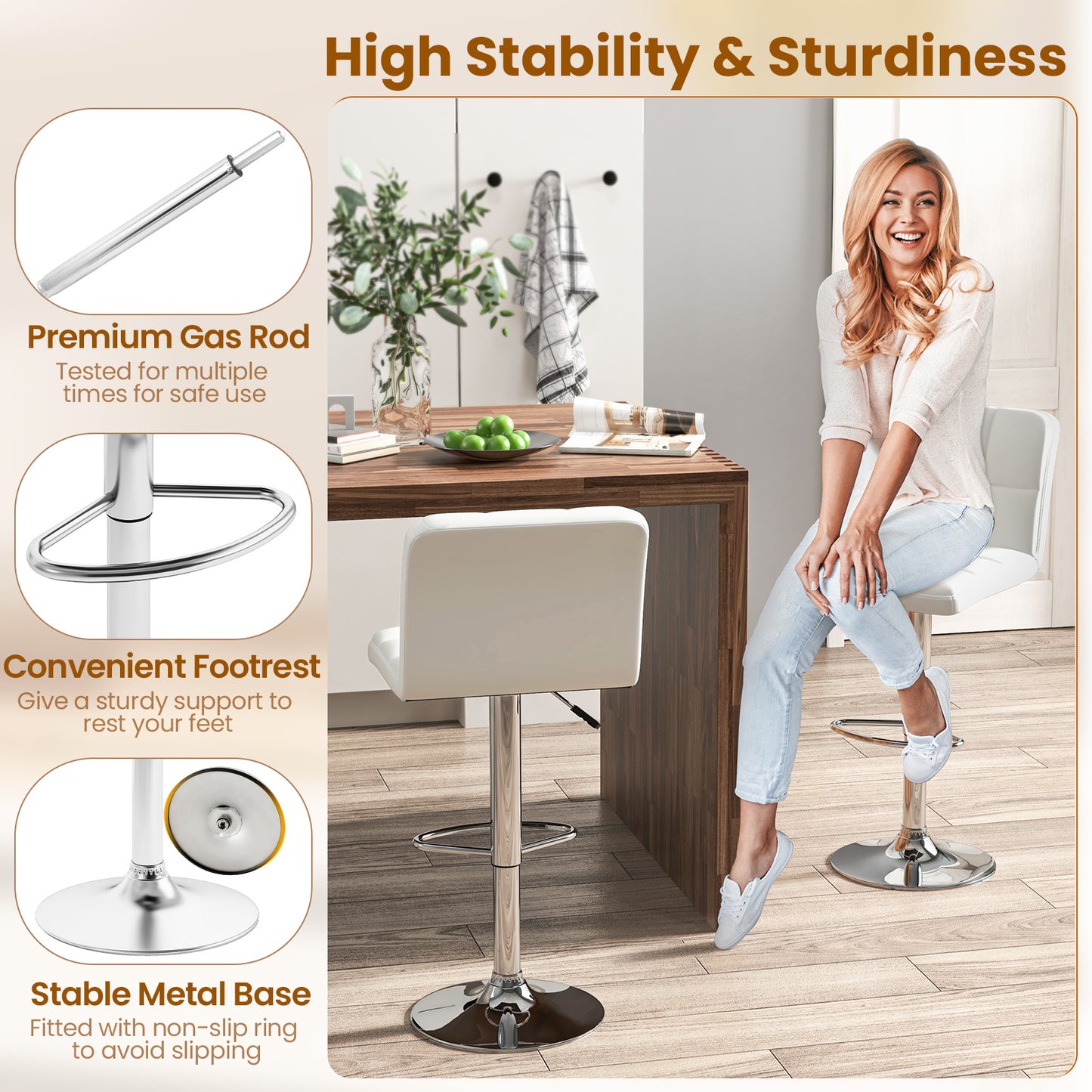 Contemporary Bar Stools Set of 2 with Backrest, Footrest, and Heavy-Duty Metal Base - White