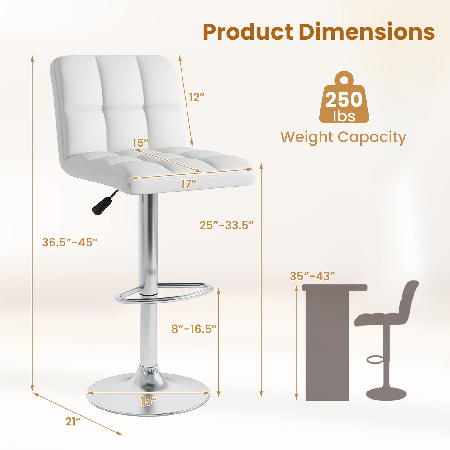 Contemporary Bar Stools Set of 2 with Backrest, Footrest, and Heavy-Duty Metal Base - White