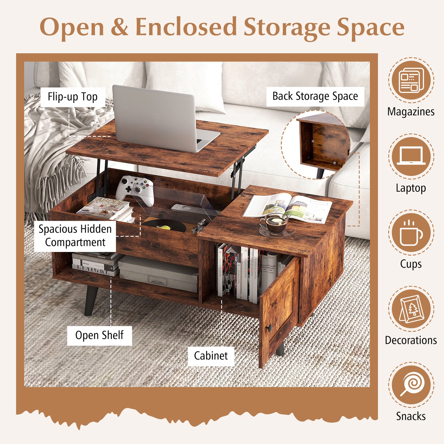Modern Lift Top Coffee Table with Hidden Storage Compartment and Side Cabinet in Rustic Brown Wood Finish