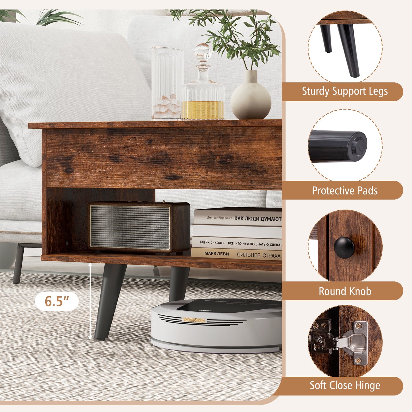 Modern Lift Top Coffee Table with Hidden Storage Compartment and Side Cabinet in Rustic Brown Wood Finish