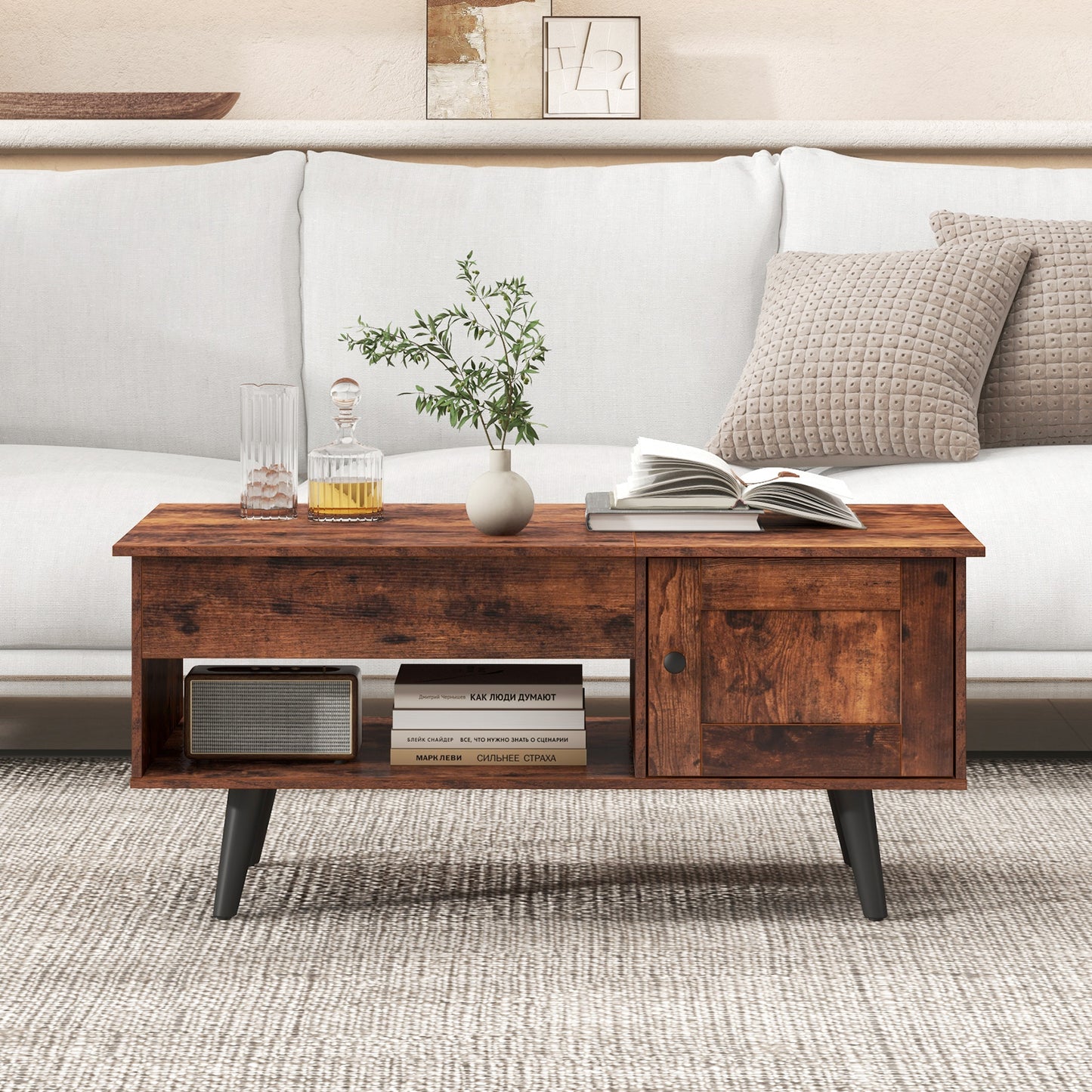 Modern Lift Top Coffee Table with Hidden Storage Compartment and Side Cabinet in Rustic Brown Wood Finish