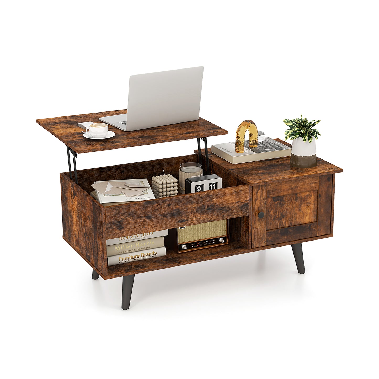 Modern Lift Top Coffee Table with Hidden Storage Compartment and Side Cabinet in Rustic Brown Wood Finish