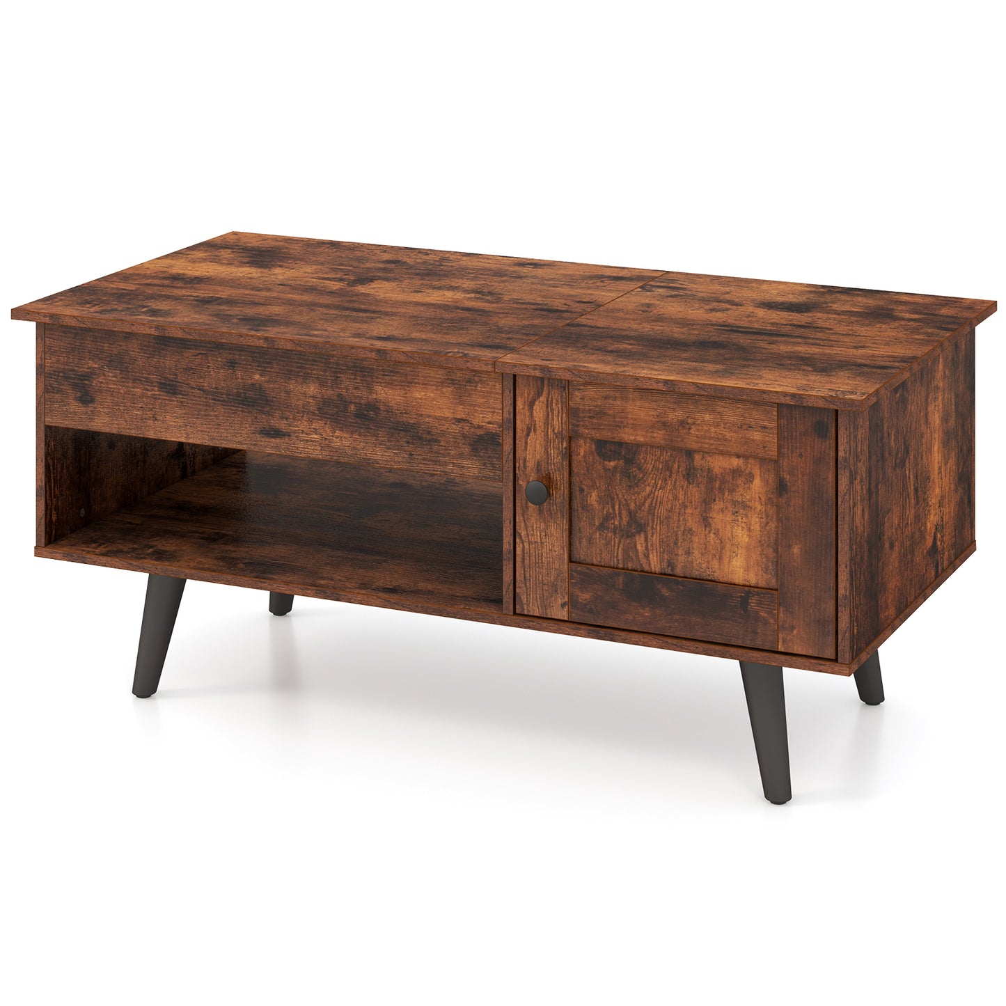 Modern Lift Top Coffee Table with Hidden Storage Compartment and Side Cabinet in Rustic Brown Wood Finish