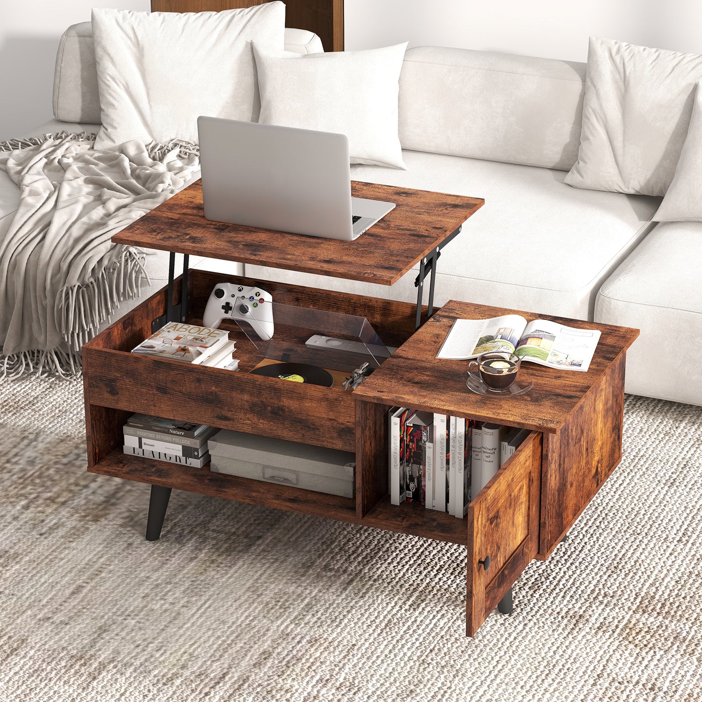 Modern Lift Top Coffee Table with Hidden Storage Compartment and Side Cabinet in Rustic Brown Wood Finish