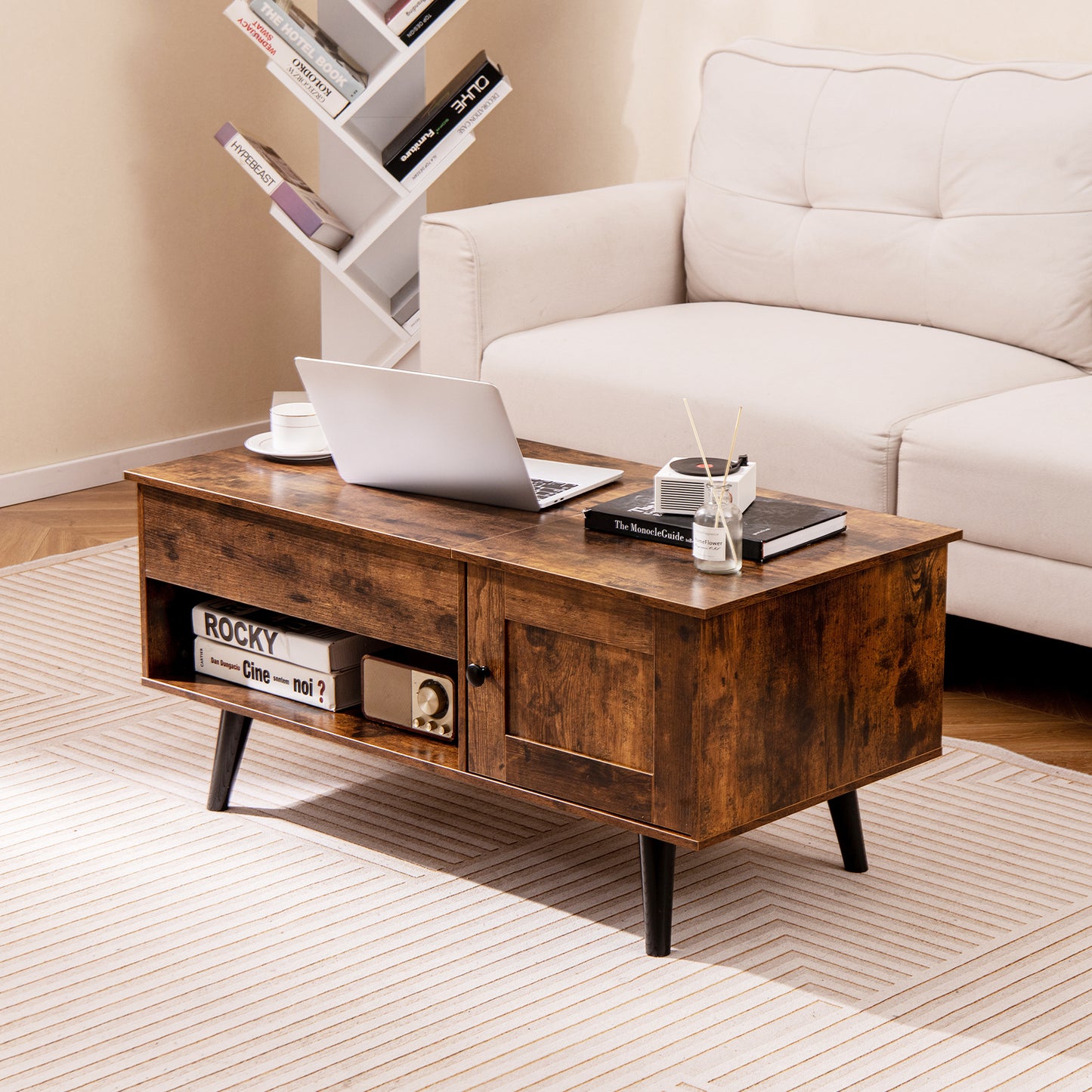 Modern Lift Top Coffee Table with Hidden Storage Compartment and Side Cabinet in Rustic Brown Wood Finish