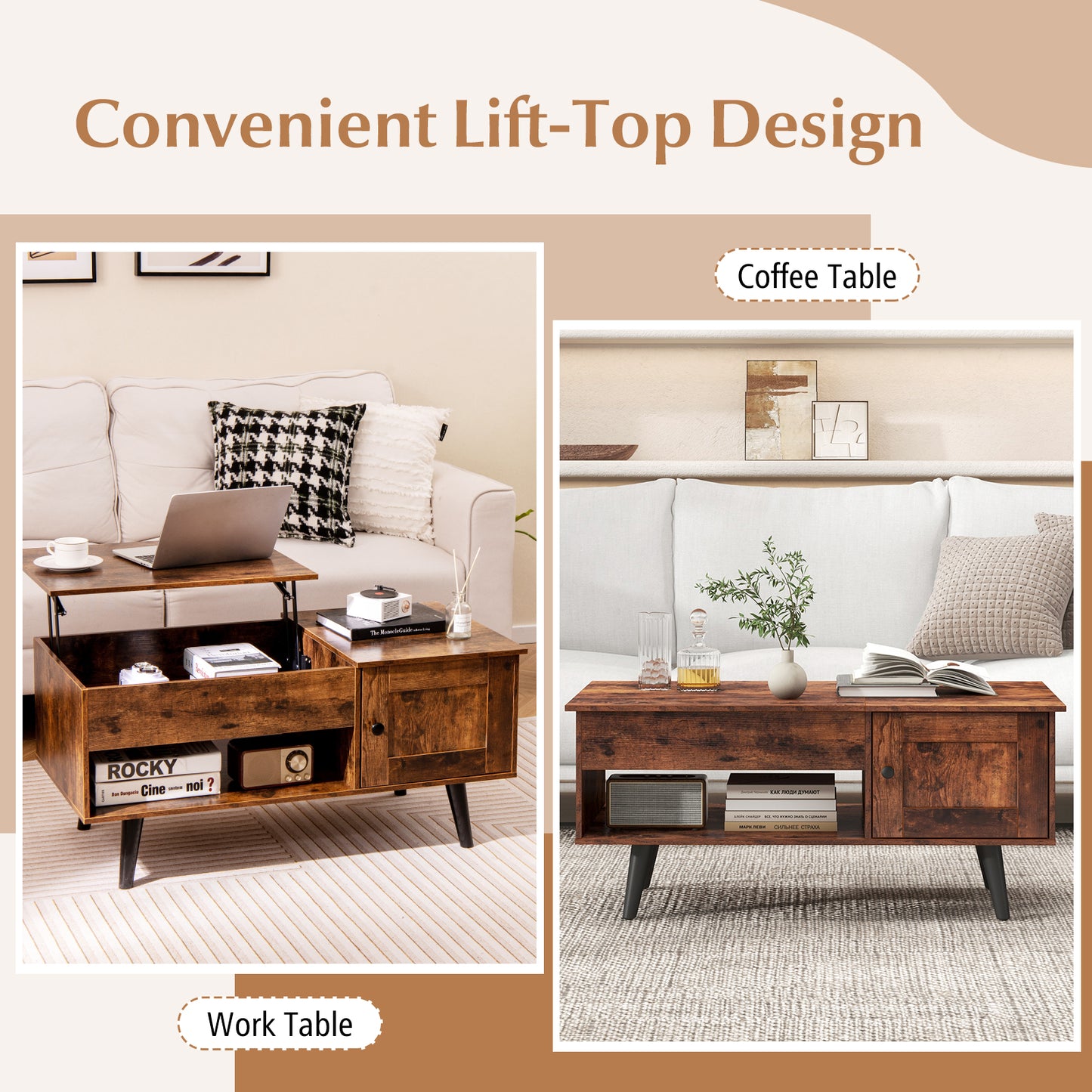 Modern Lift Top Coffee Table with Hidden Storage Compartment and Side Cabinet in Rustic Brown Wood Finish