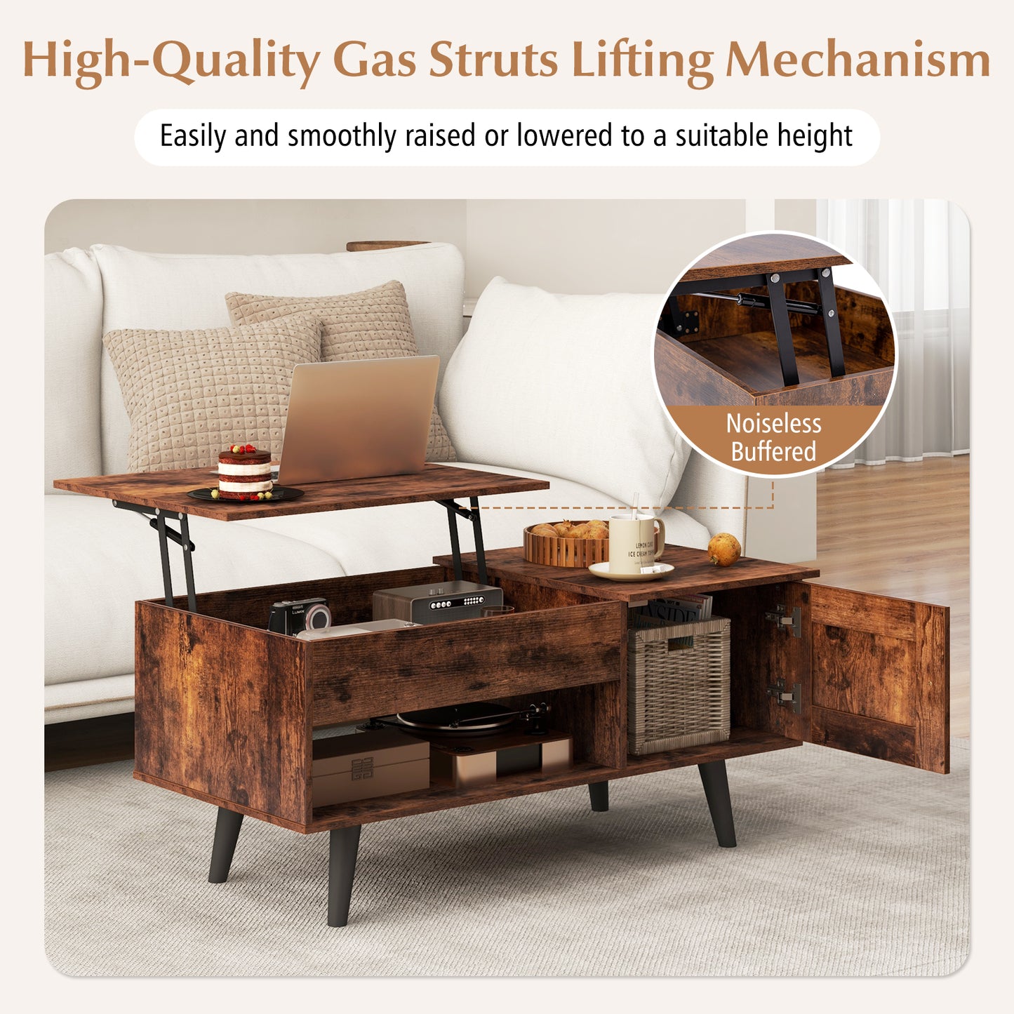 Modern Lift Top Coffee Table with Hidden Storage Compartment and Side Cabinet in Rustic Brown Wood Finish