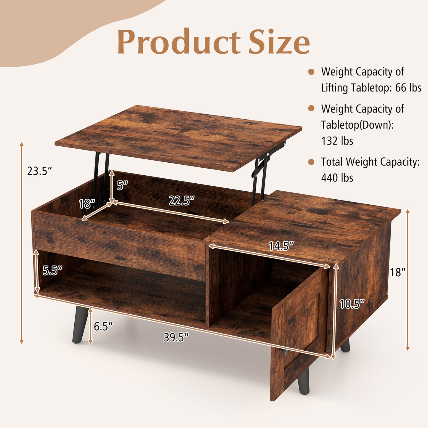 Modern Lift Top Coffee Table with Hidden Storage Compartment and Side Cabinet in Rustic Brown Wood Finish