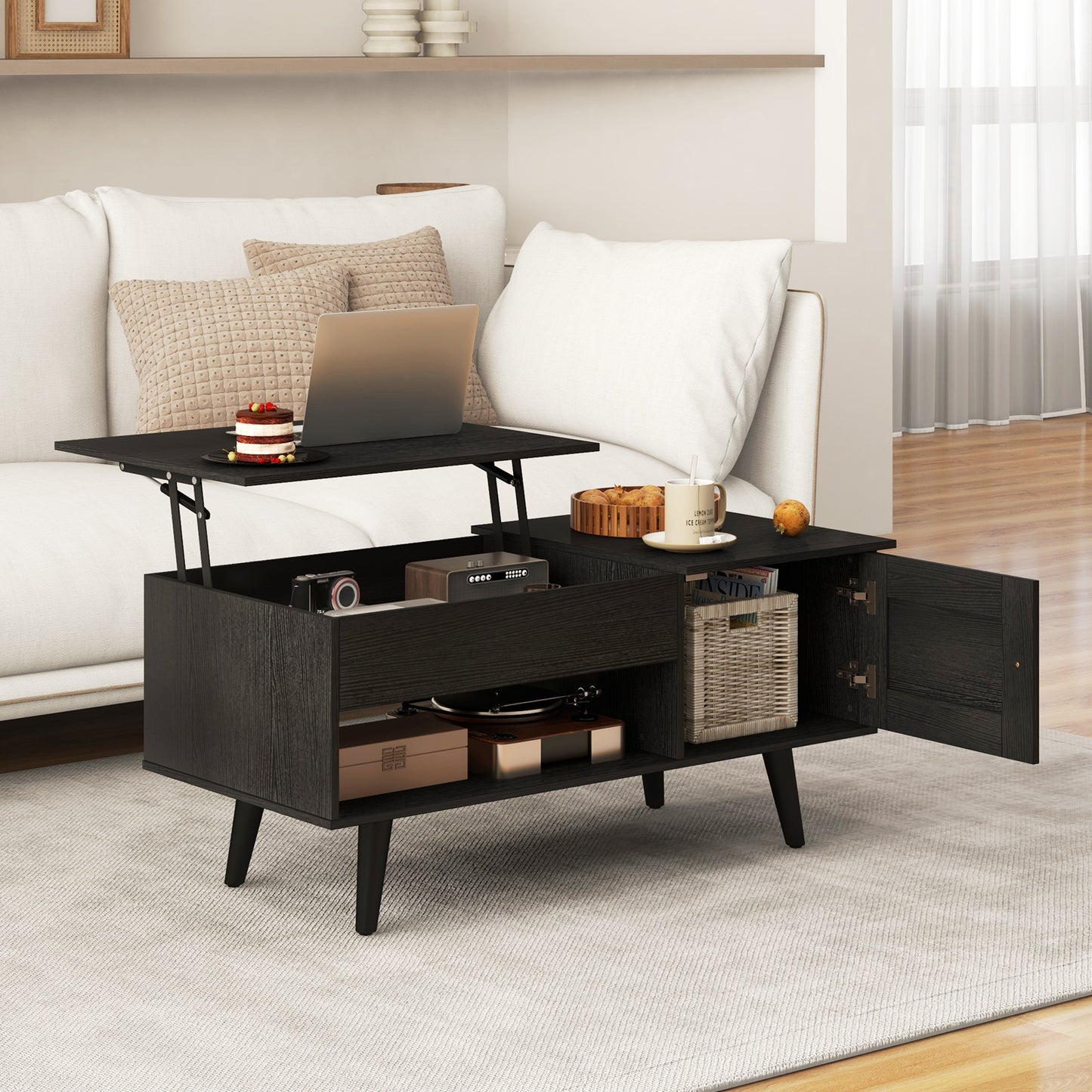 Modern Lift Top Coffee Table with Hidden Storage Compartment and Side Cabinet in Black Wood Finish