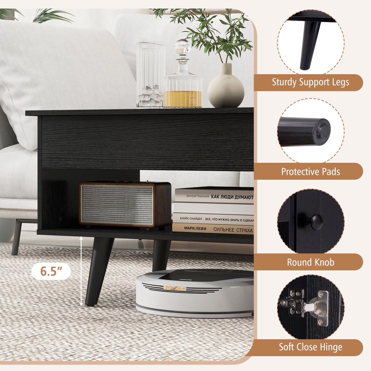 Modern Lift Top Coffee Table with Hidden Storage Compartment and Side Cabinet in Black Wood Finish