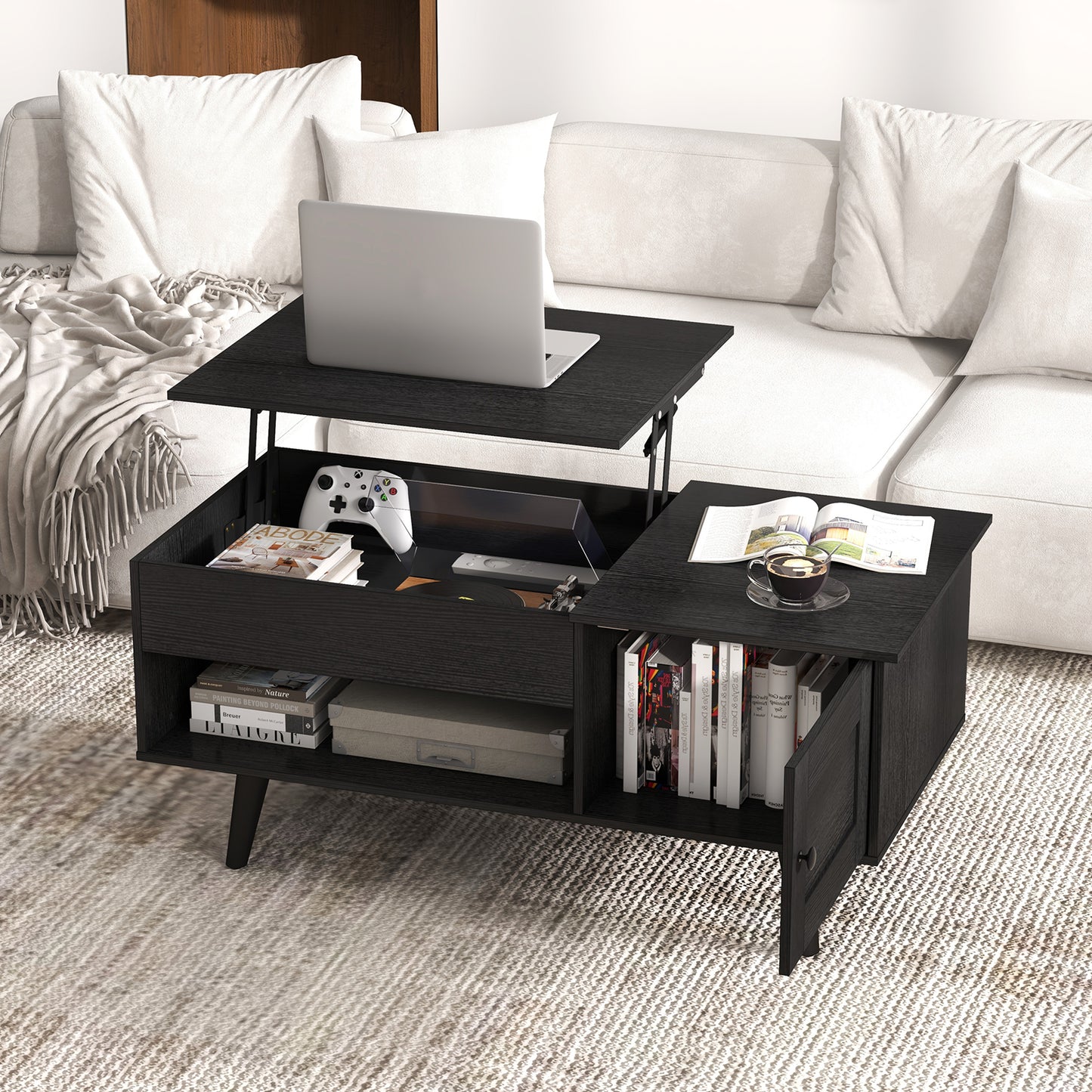 Modern Lift Top Coffee Table with Hidden Storage Compartment and Side Cabinet in Black Wood Finish