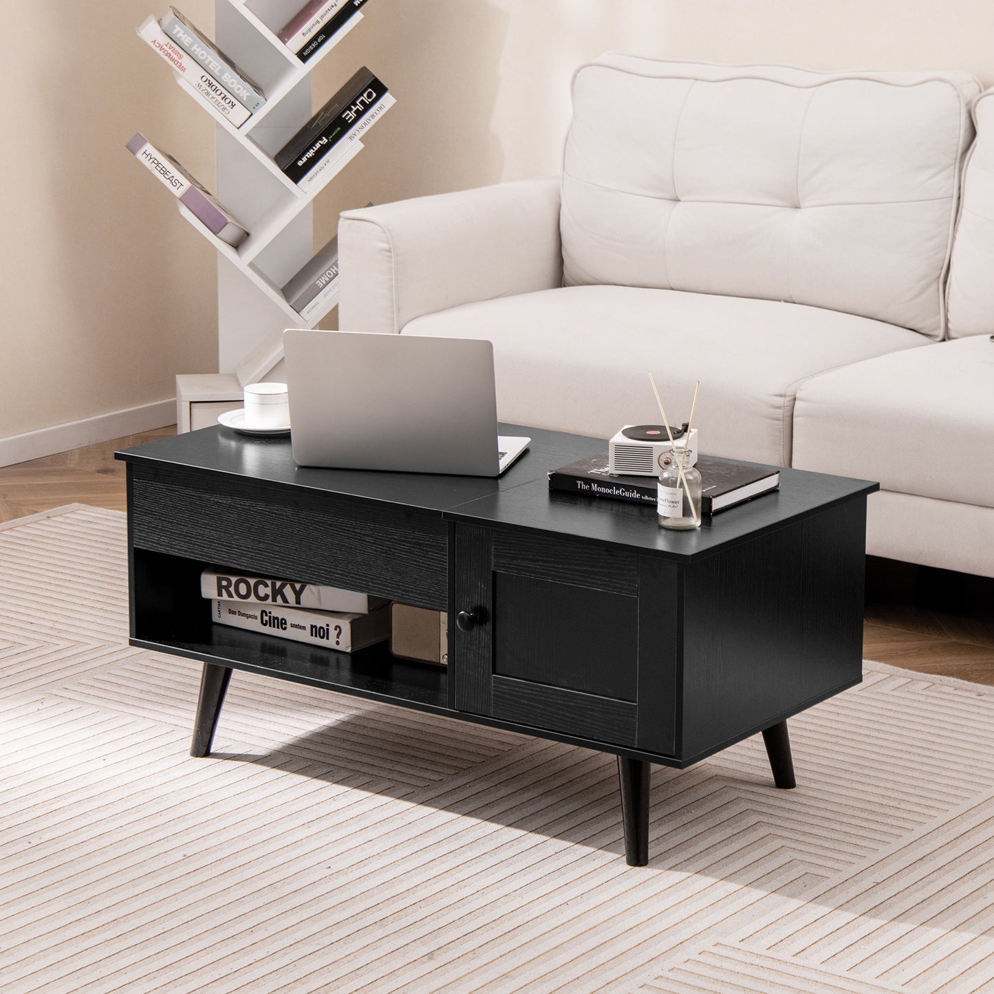 Modern Lift Top Coffee Table with Hidden Storage Compartment and Side Cabinet in Black Wood Finish
