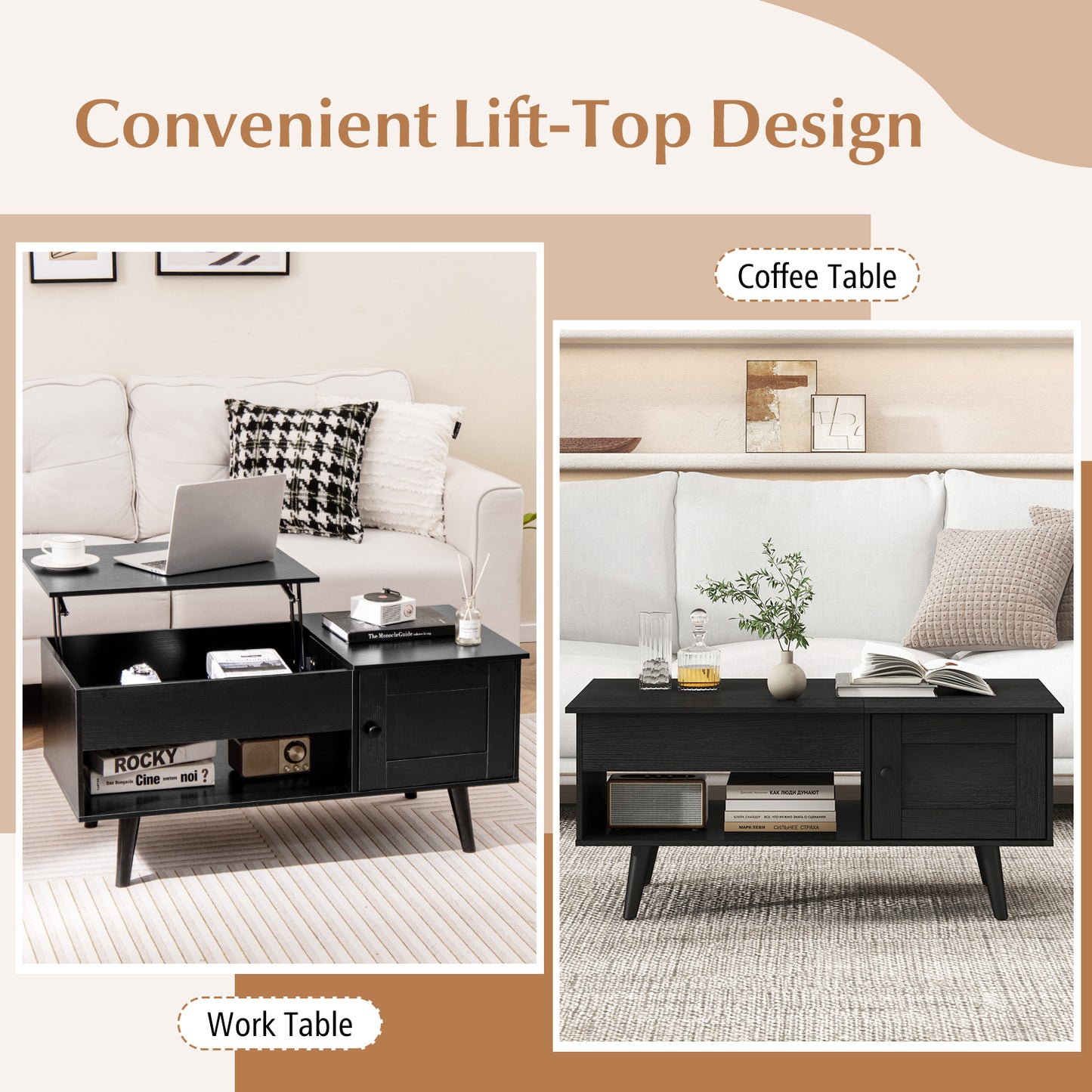 Modern Lift Top Coffee Table with Hidden Storage Compartment and Side Cabinet in Black Wood Finish