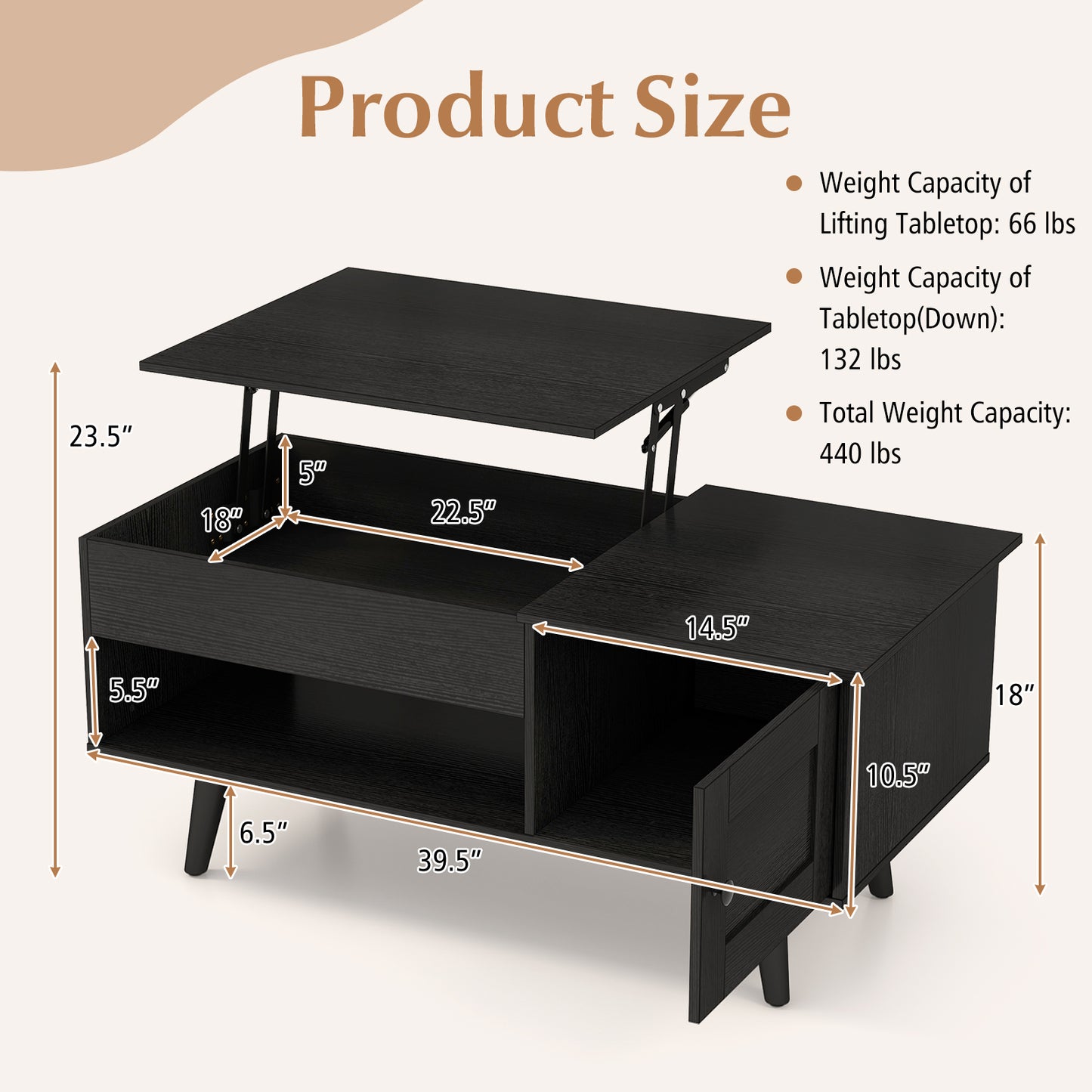 Modern Lift Top Coffee Table with Hidden Storage Compartment and Side Cabinet in Black Wood Finish